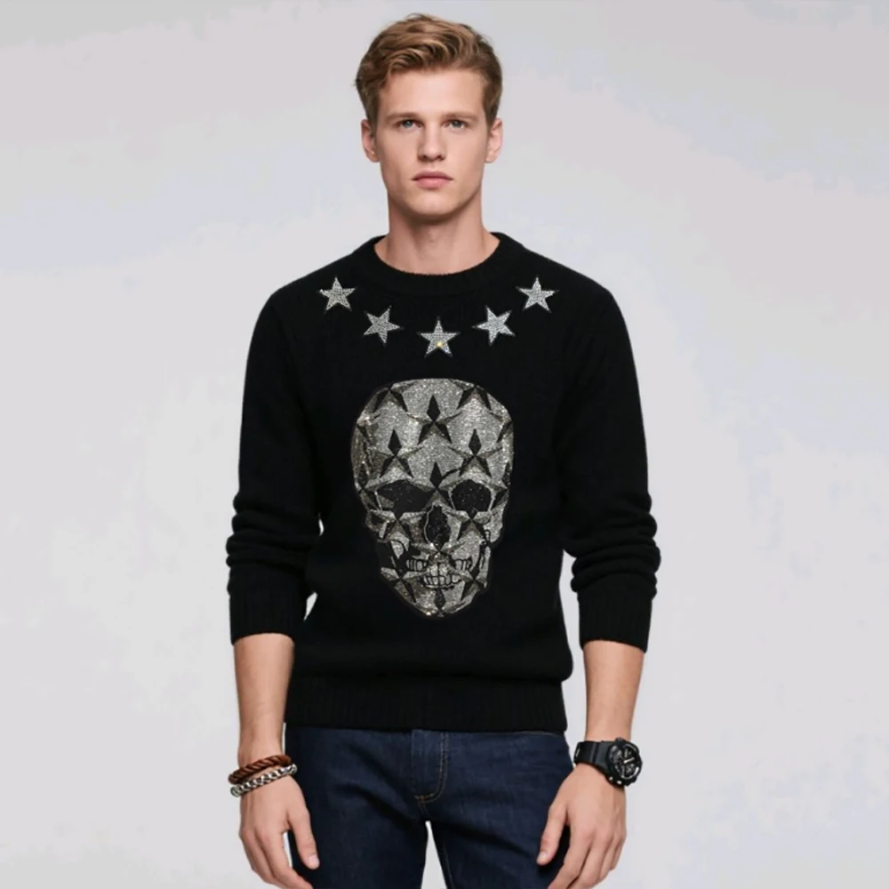 Men's Skull Sweater Popular Pattern Rhinestone Decor Pullover Long Sleeve Crew Neck Fashion Casual Knitwear Trendy Male Top