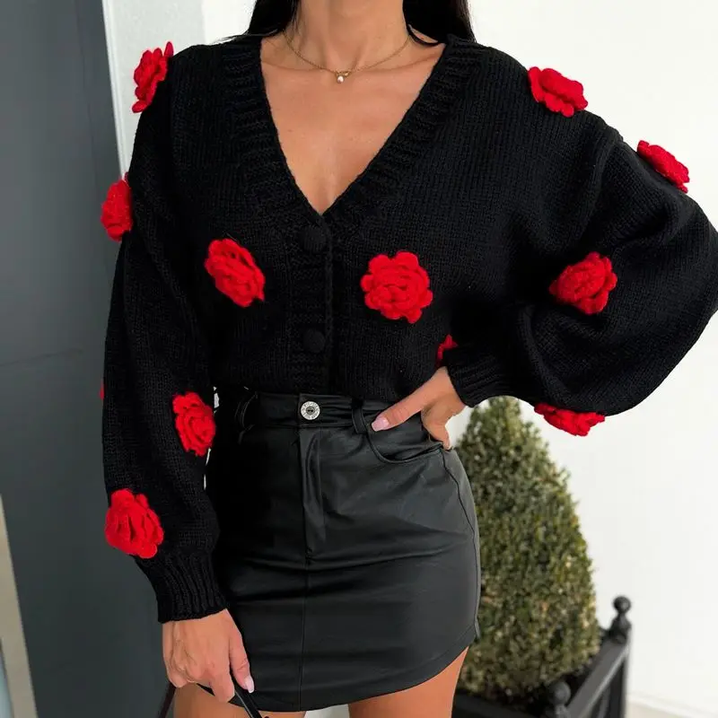 Combhasaki 여성 가을 ​​겨울 니트 카디건 세련된 3D 꽃 장식 버튼 다운 V 넥 긴 소매 루즈 피트 스웨터 자켓