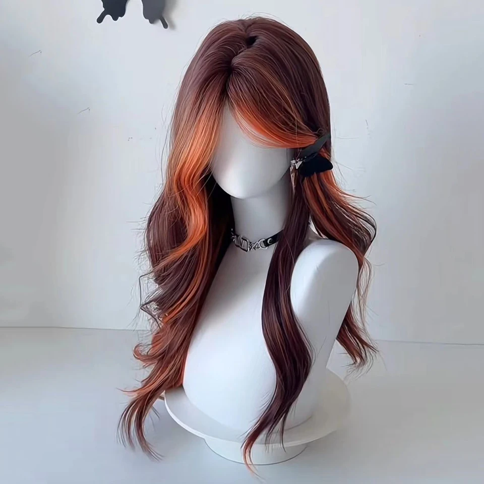 OLACARE Long Loose Body Wave Copper Hair Wig Highlight Orange Curtain Bangs High Density Synthetic Layered Middle Part Wigs