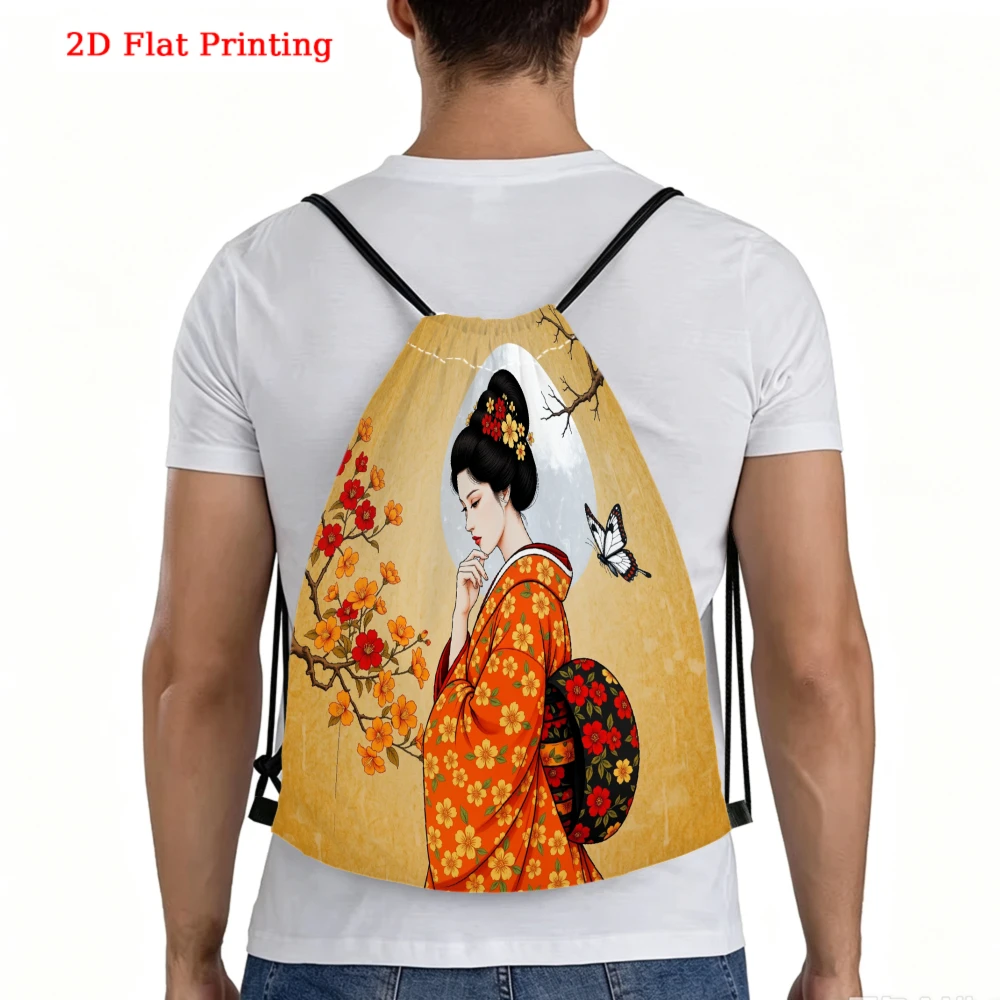 Japanese Ukiyo-E Geisha & Cherry Blossoms 2D Flat Print Drawstring Backpack for Fitness Sports Outdoor Travel