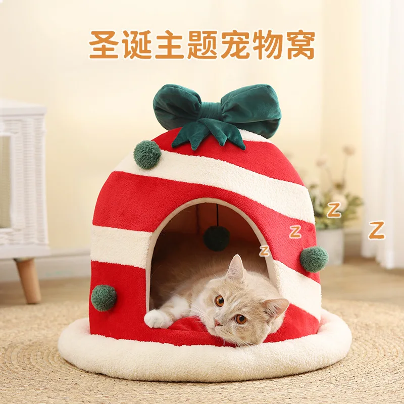 Christmas Gift Box Cat Litter One Litter Dual-purpose Fully Enclosed Pet Nests Winter Warm Kennel