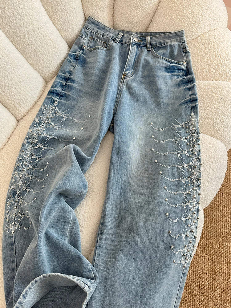 

American Riveted Jeans Men's and Women's Retro Loose Straight Leg Denim Pants Trendy High Street Blue Wide Leg Trousers