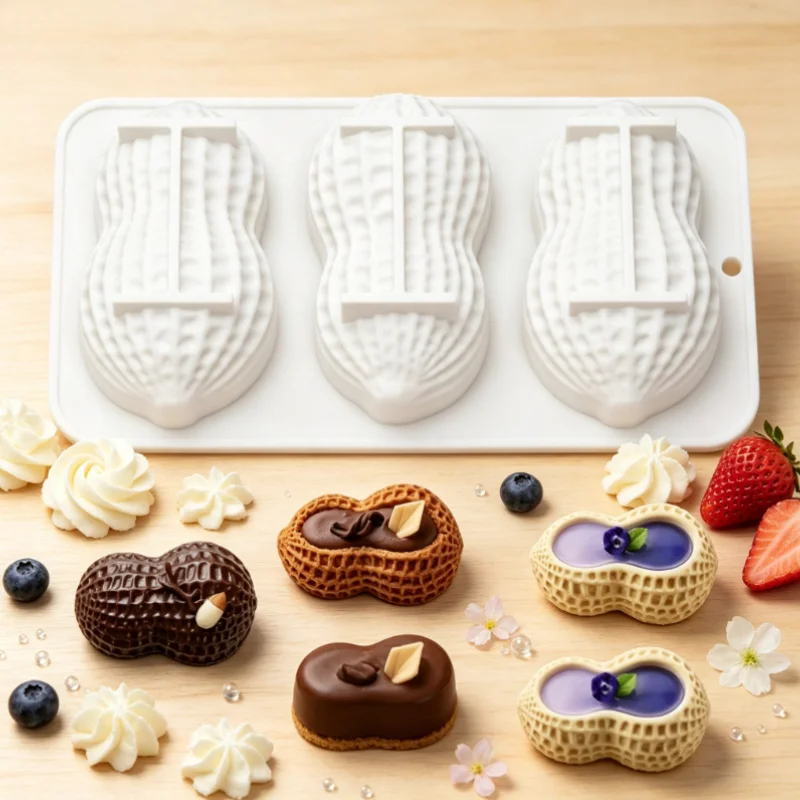 Molde de silicona con forma de cacahuete de 3 cámaras, antiadherente, fácil de desmoldar, resistente al calor, para pastel, chocolate, mousse, dulces, postre navideño, 1 ud.