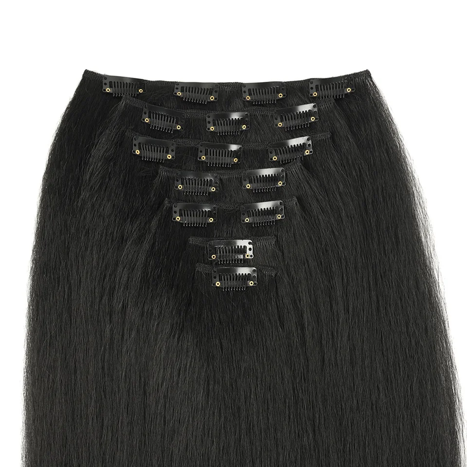 Extensiones de Cabello con Clip Yaki Lacio Sintético de 22 Pulgadas para Mujer Fibra Resistente al Calor Negro 7 Piezas por Set 4