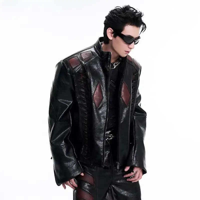 LUZHEN معطف جلد صناعي مطوي تصميم متباين الألوان ملابس الشارع الشهير دراجة نارية شخصية الشرير سميكة اللون التباين السراويل LZ6948