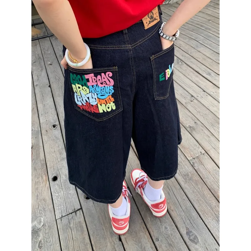 

Women's Casual Cartoon Style Harajuku Jeans 2025 Summer Mop Calf Length Loose Pants Y2K High Street Baggy Denim Trouser