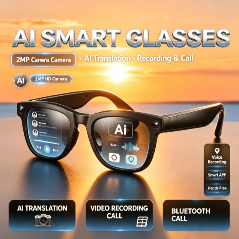 AI Smart Glasses with 2MP Camera AI Translation Video Audio Recording Bluetooth Calling with Mic Retro Black Sunglasses for Gift