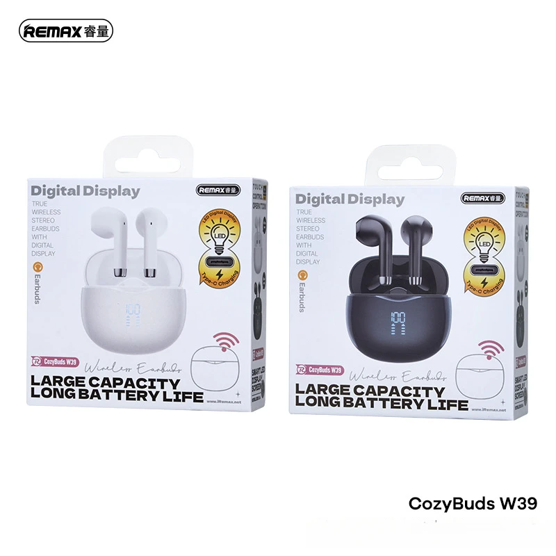 REMAX CozyBuds W39 - Auricolari TWS con display digitale - Bluetooth 5.4 JL6983D2 - Bobina da 13 mm - Tempo di riproduzione 6 ore