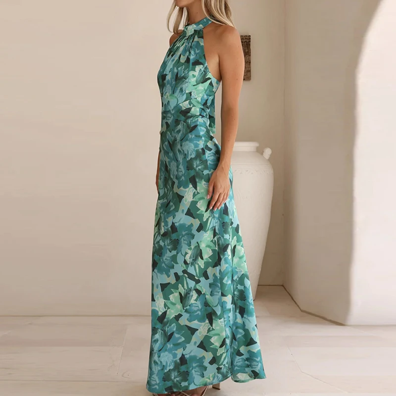 Vestido largo con estampado de flores para mujer, vestido elegante sin mangas de cintura alta, vestidos de fiesta Bohe, vestido Sexy ajustado con cordones y cuello Halter para vacaciones