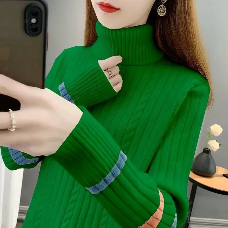 Turtleneck Elastic Sweater Women Autumn Winter Thicken Loose Long sleeved Patchwork Pullovers Warm Women\'s Knitwear Jumper Pull