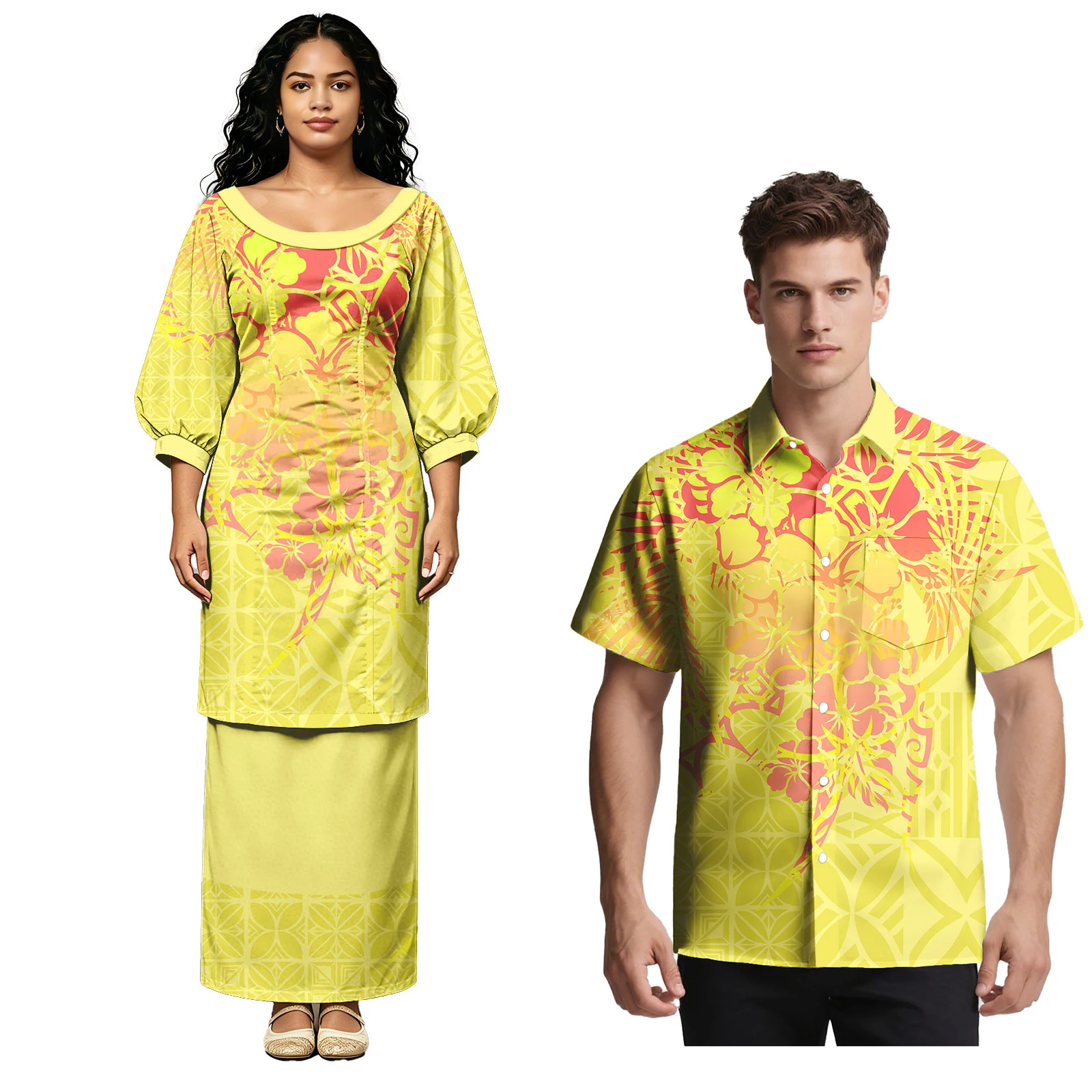 Conjunto de 2 piezas de moda 2026: Camisas de diseño polinesio para fiesta/baile de graduación para hombre y Puletasi tribal samoano para mujer, atuendos a juego para parejas hawaianos.