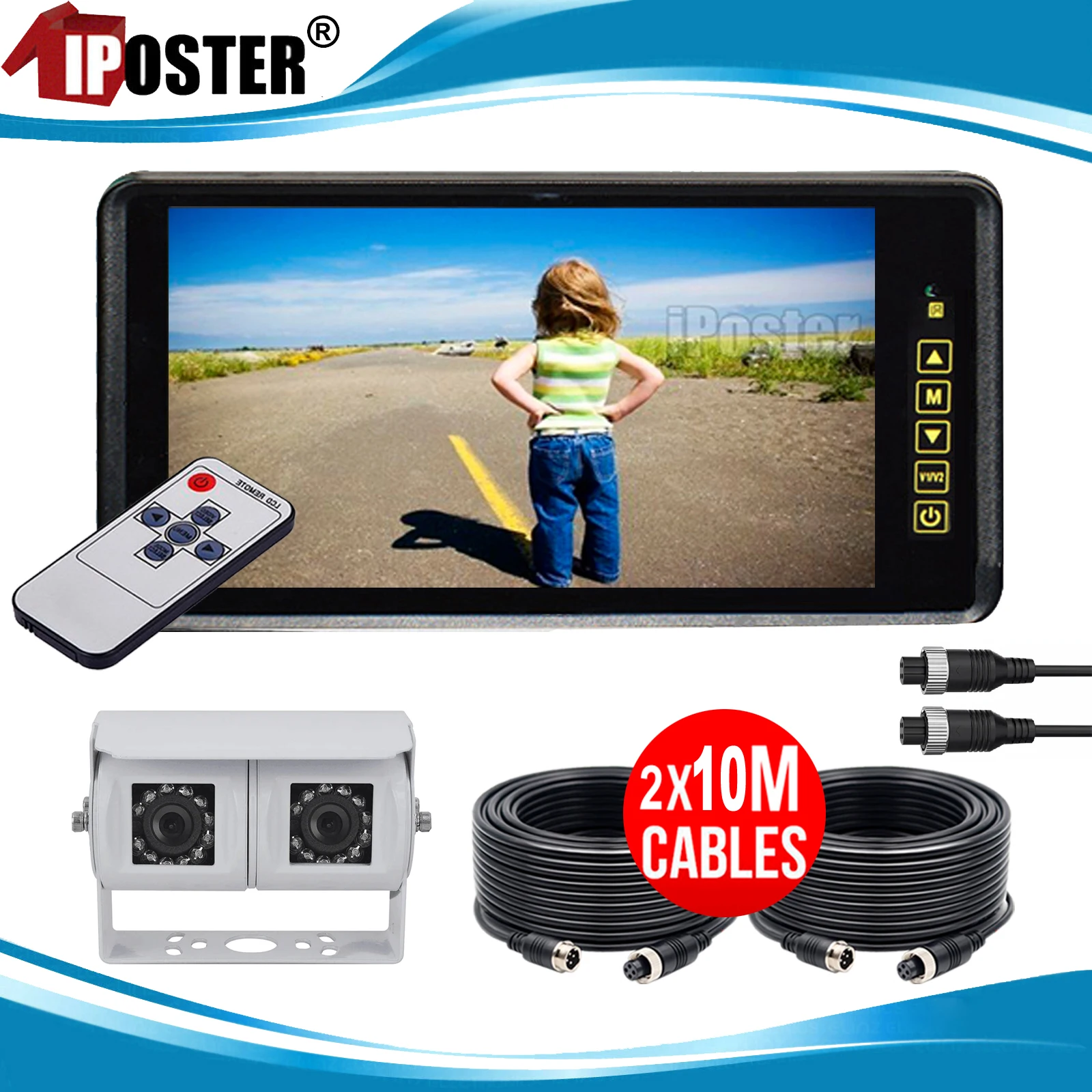 

iPoster 9 Inch TFT LCD Screen Rear View Mirror Monitor Dual Head Joint Reversing Cameras 24 IR LEDs Waterproof HD For Caravan Rv