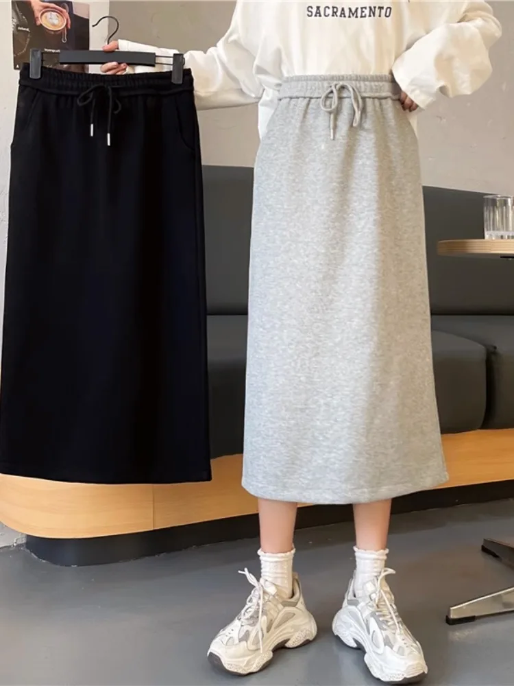 

High Waist A-Line Midi Skirt Ba Slit Vintage Sportswear Bla Casual Sweatirt Women's Small Size ey Commute Korean Sle