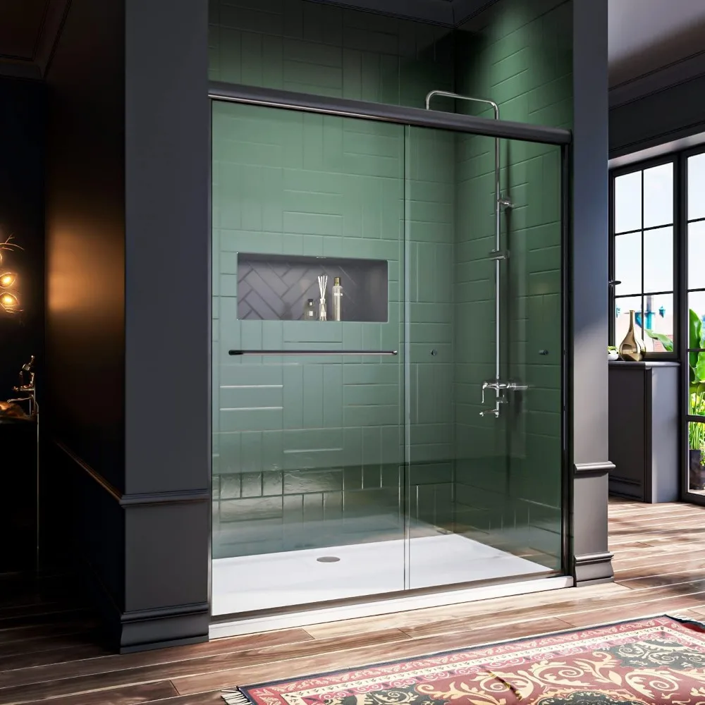 48 in. W X 72 in. H Shower Doors, 1/4'' Clear Glass, Black Hardware, Double Sliding Glass Shower Doors