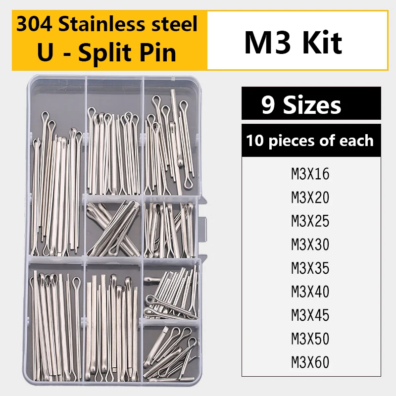 Cotter Pins Set 30/48/90/260Pcs Stainless Steel Split Pin Assortment Kit M2 M2.5 M3 M4 M5M6  Cotter Pins Set Tractor Pin for Car