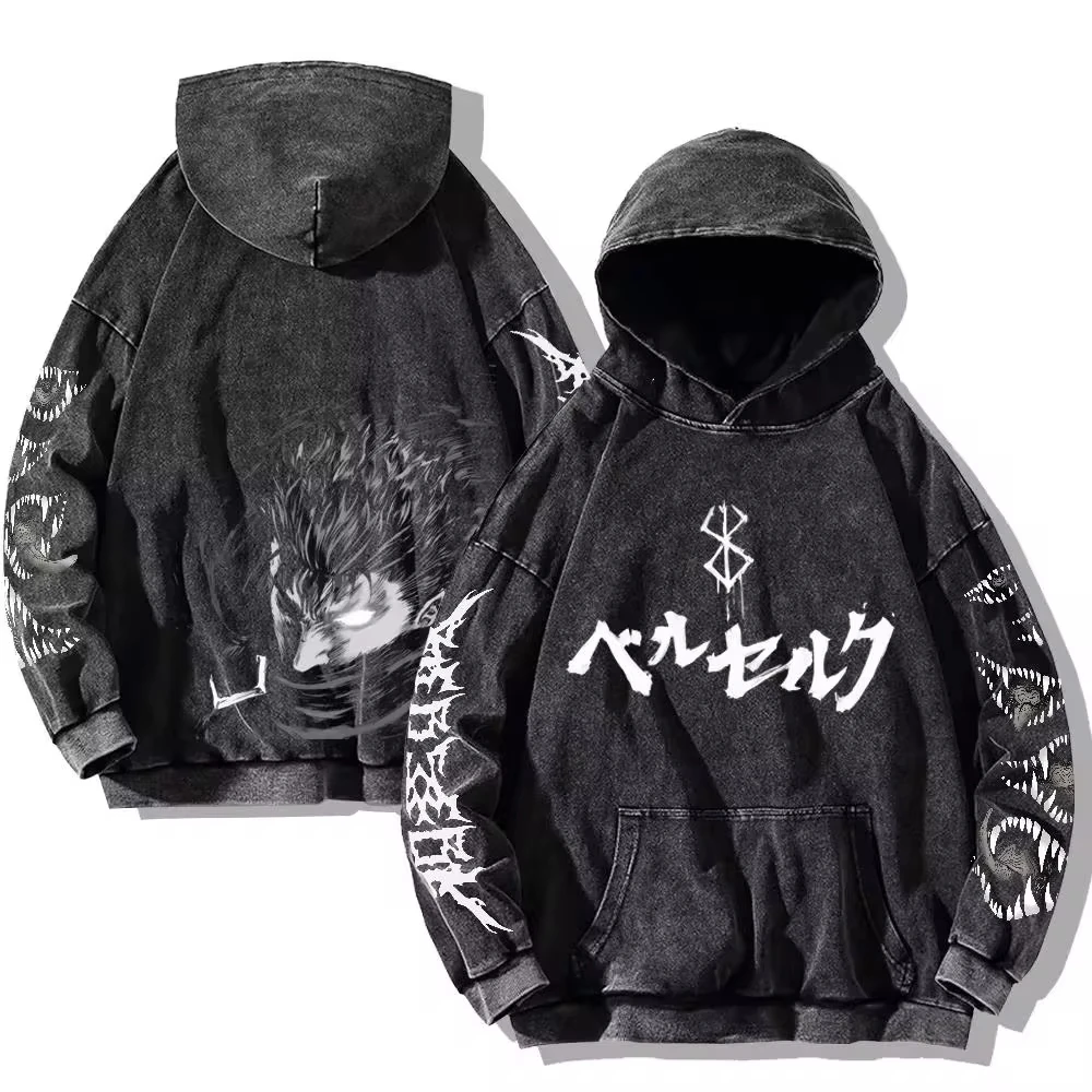 Mens Berserk Hoodies Gothic Print Vintage Washed Hoodie Hip Hop Streetwear Cotton Sweatshirts Harajuku Casual Hooded Pullover