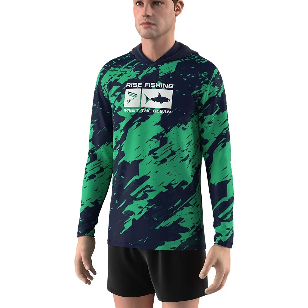 قميص صيد السمك بغطاء للرأس للحماية من الأشعة فوق البنفسجية في الهواء الطلق بالإضافة إلى حجم بدلة صيد محبوكة مخططة باللون الأخضر للرجال #2