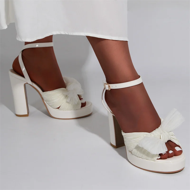 IPPEUM Women Platform Sandals White New High Heeled Bowknot Ankle Buckle Strap Chunky Square Heel Wedding Shoes