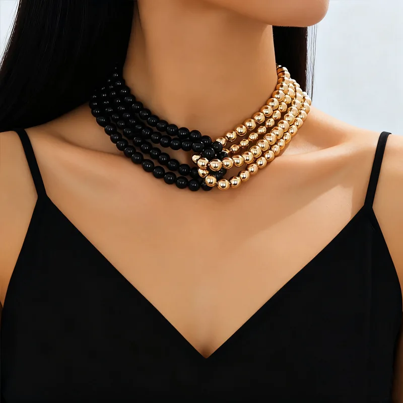 Fashion black and white black and gold two-color imitation pearl necklace elegant and charming multi-layere choker