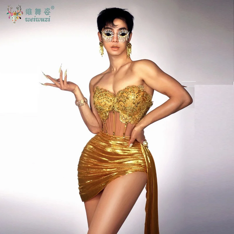 

Women Glitter Two Pieces Short Skirt Sets Sexy Strapless Sequins Luxury Rhinestone Nightclub Bar Evening Dress Bag Hip Skirt