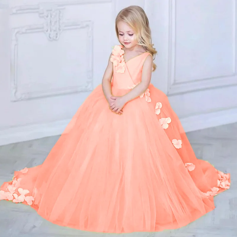 Robe de demoiselle d'honneur en tulle rose, gonflée, pétale 3D avec queue, pour mariage, fête d'anniversaire, première communion