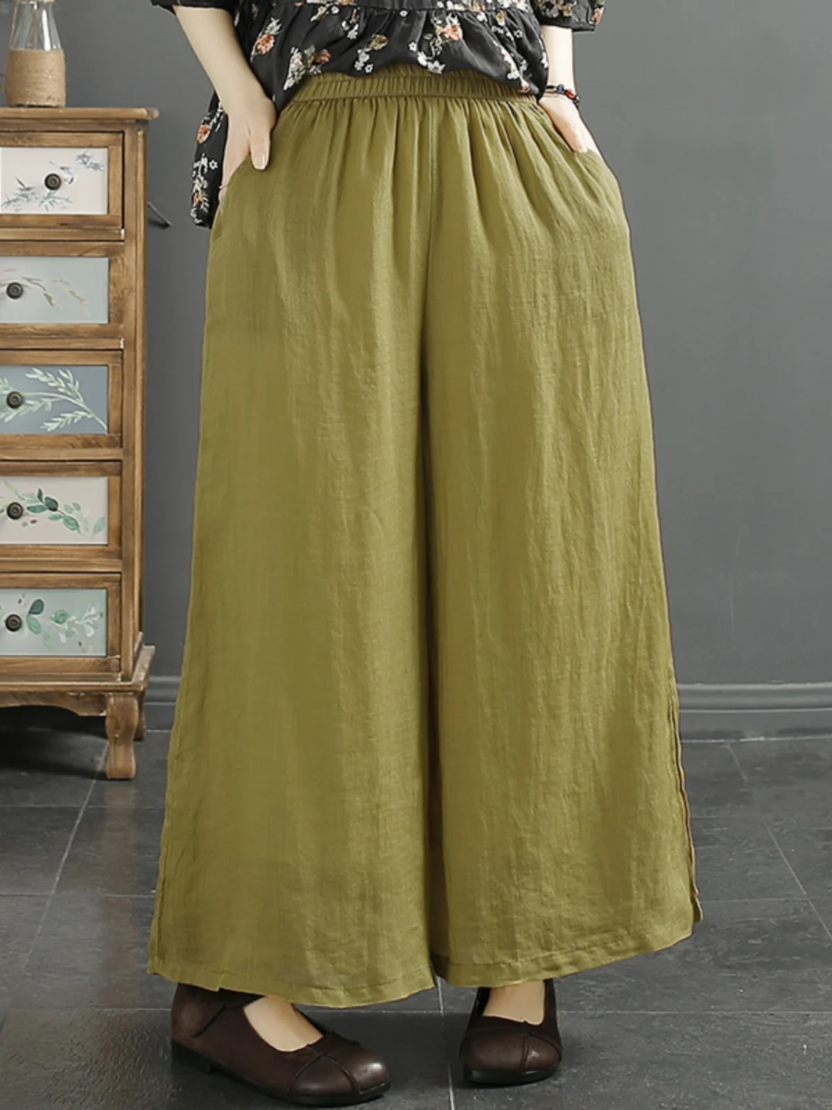 예술적인 캐주얼 코튼 린넨 와이드 레그 팬츠, 신축성 있는 허리, 슬림핏 플러스 사이즈 루즈핏 나인 포인트 바지, 단색