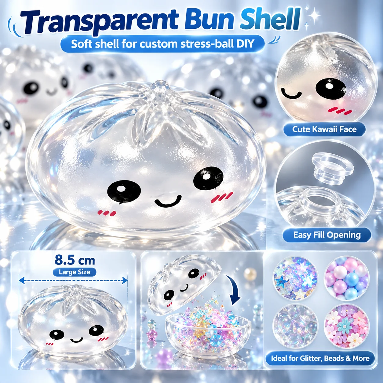 8,5 cm, coquille de boulette vapeur transparente, peau souple, coquille vide à remplir pour bricolage, avec bouchon, visage de dessin animé, jouet sensoriel créatif à presser pour la fabrication