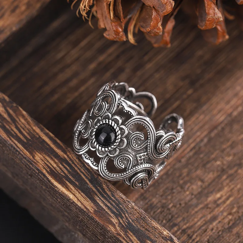

925 Silver Open Finger Ring Wide Openwork Vintage Flower Black Floral Elegant For Women Girl Jewelry Gift Dropship Wholesale
