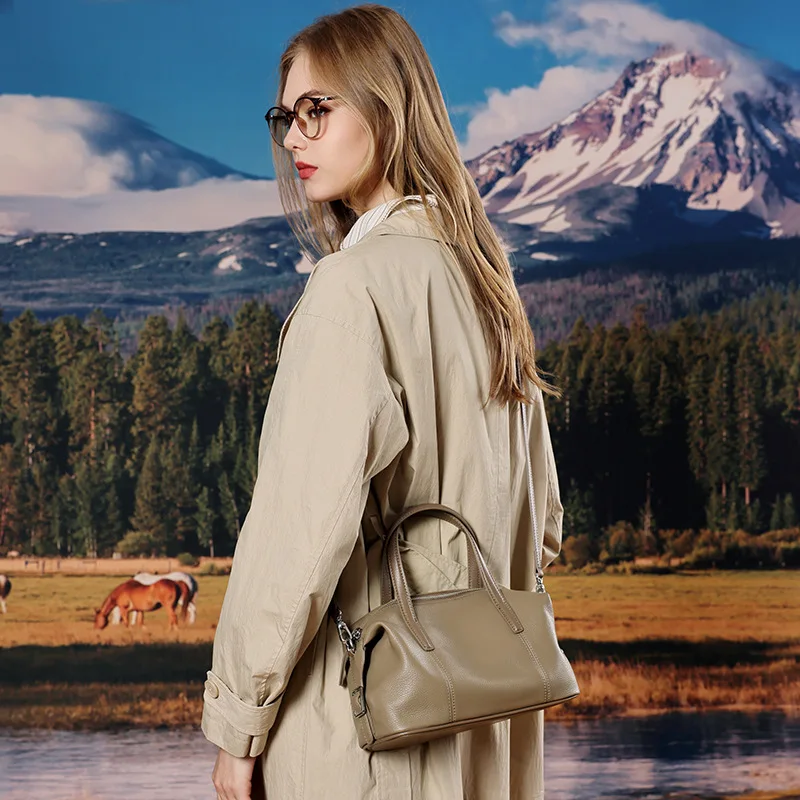 Women Boston Genuine Leather Top Handle Satchel Double Zipper Retro Bowling Purse Pocket Crossbody Shoulder Handbag Daily Travel