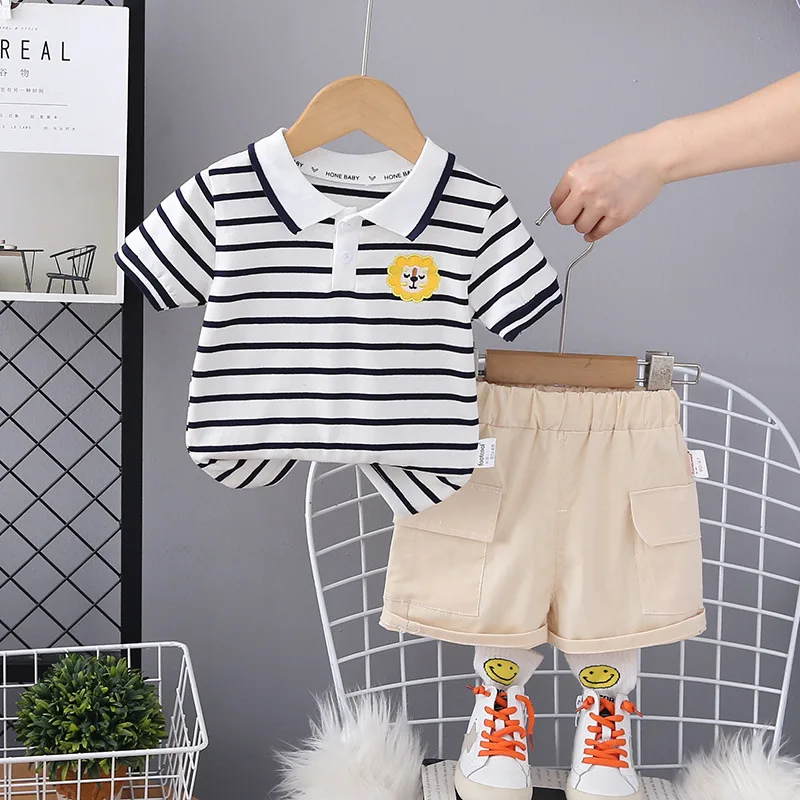 Summer New Style Baby Boys' Fashionable Striped Polo Shirts Two-piece Set Boys' Summer Clothes Children's Short-sleeved Suits