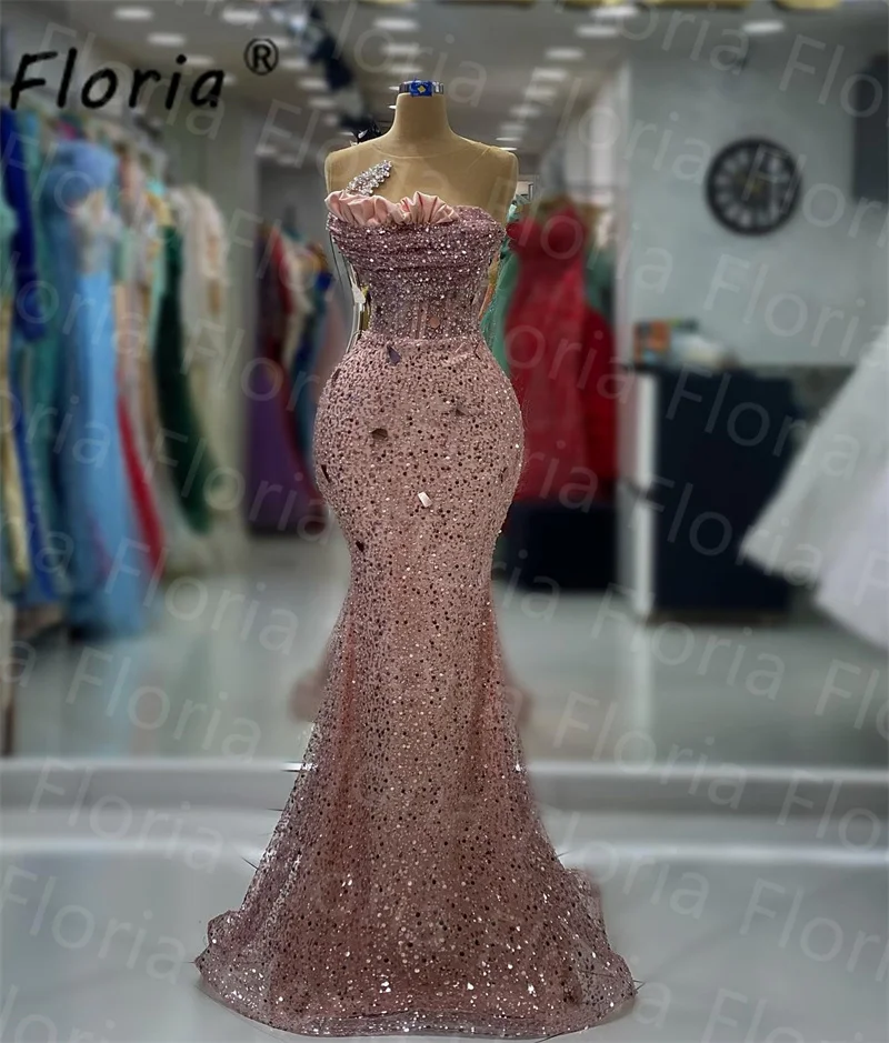 Elegant Pink Sequin Crystal Prom Dresses Dubai Beadings Long Mermaid Evening Dresses Women Strapless Wedding Party Gowns 2023