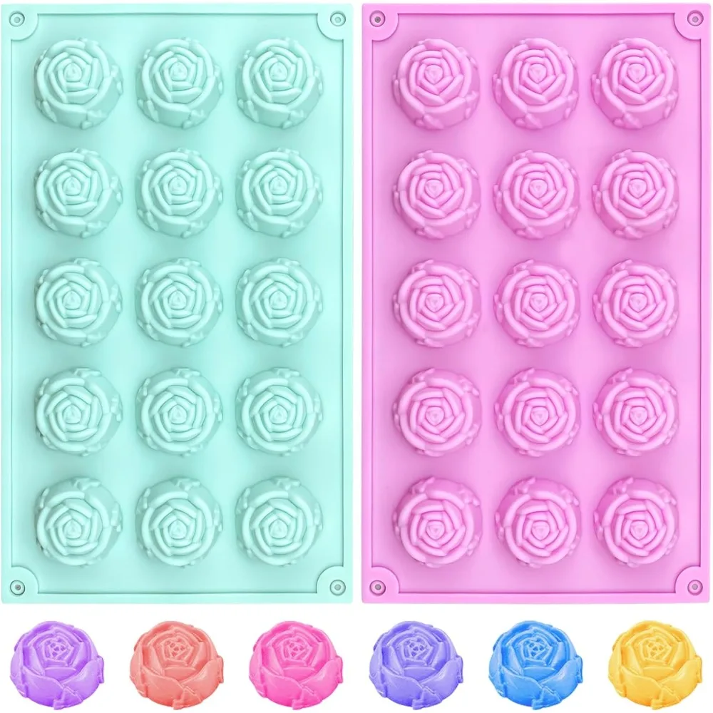 

2 Pcs Rose Silicone Fondant Molds 15 Cavity Flower Cake Resin Mold Candy Chocolate Ice Cube Fondant Molds Kitchen Baking Tools f