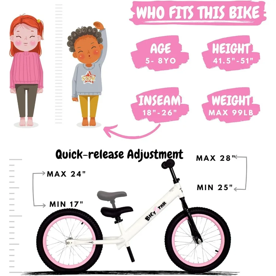 Bicicleta de equilíbrio de 16 polegadas para 5-8 anos, sem pedais, pneus de ar, apoio para os pés, altura ajustável para meninos e meninas grandes