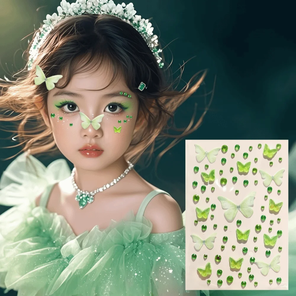 Kawaii Self-adhesive Butterfly Face Stickers Resin Sparkly Butterfly Decals Rhinestone Pink Green Face Stickers DIY Decoration