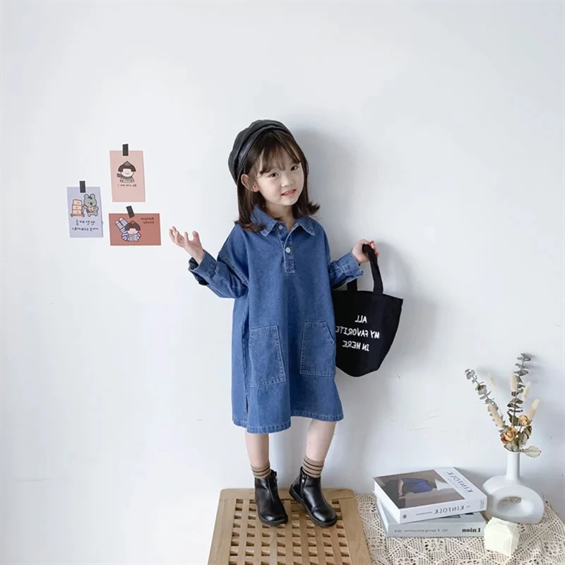 

2-7Y Spring Children Girl Denim Dress Turn Down Collar Long Sleeve Kid Girl Dress Solid Loose Casual Princess Toddler Girl Dress