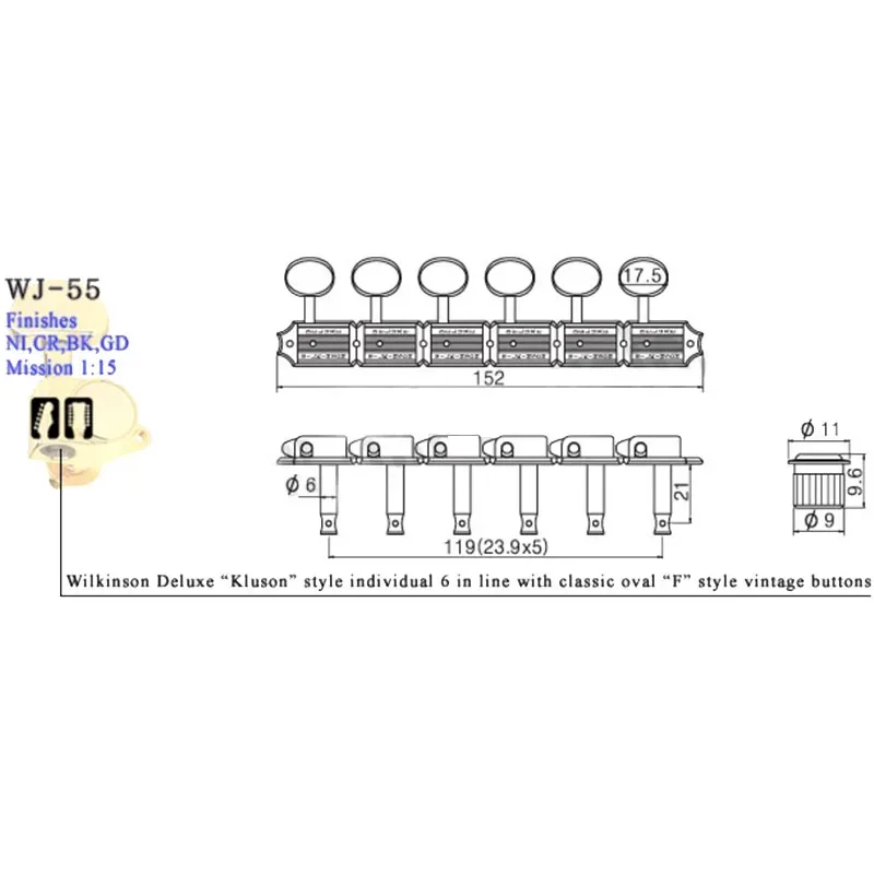 Wilkinson VINTAGE CHROME TUNERS Electric Guitar Machine Heads Tuners For ST & TL Guitar OR Similar WJ-55 Silver Tuning Pegs