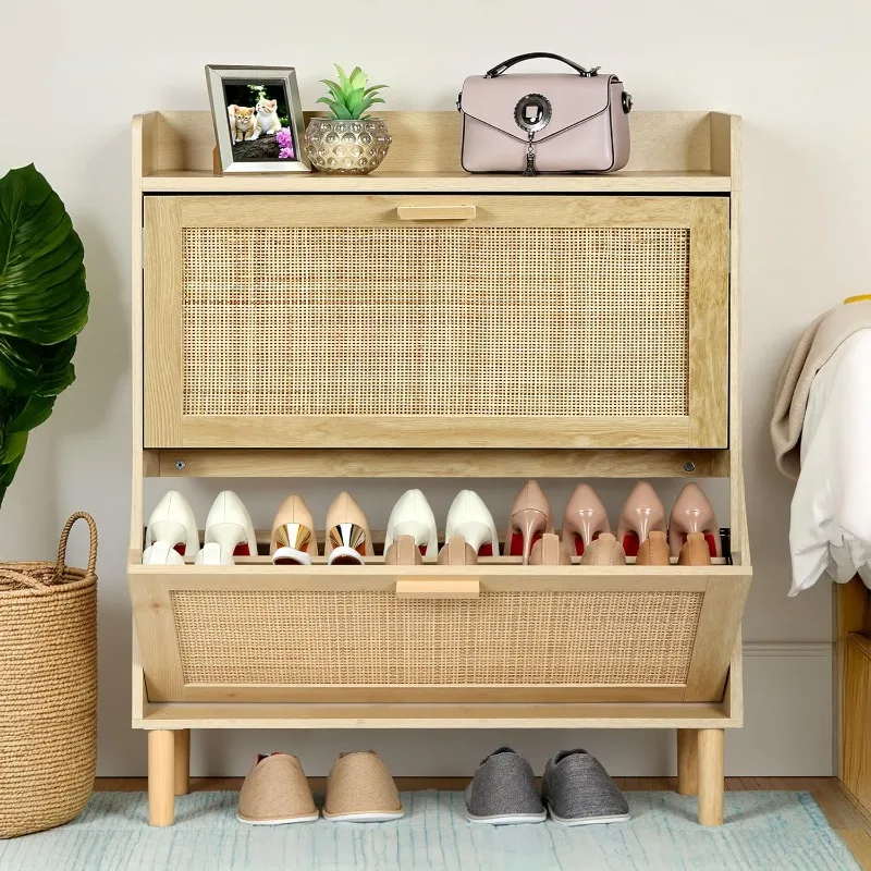 

Шкаф для обуви расширенного выпуска с откидными ящиками из натурального ротанга для прихожей, отдельно стоящий 2-уровневый тонкий органайзер для обуви