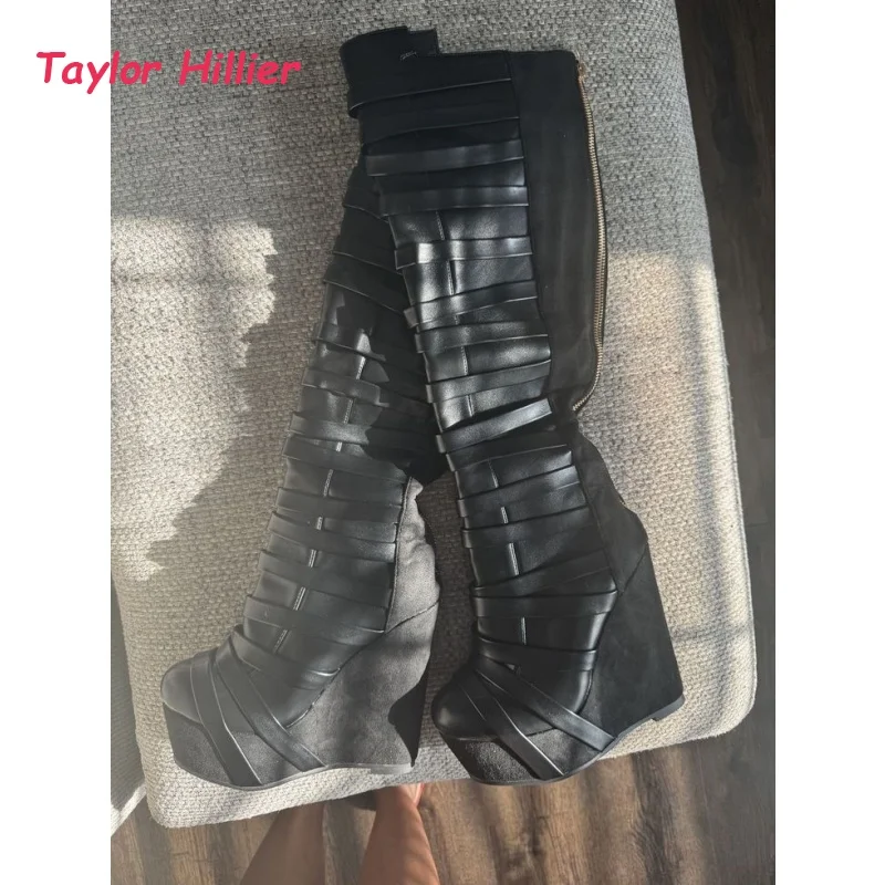Black Platform Wedge Knee High Boots Women's Multi-Strap Leather Suede Gothic Style Fashion Round Toe Back Zipper Boots image 6