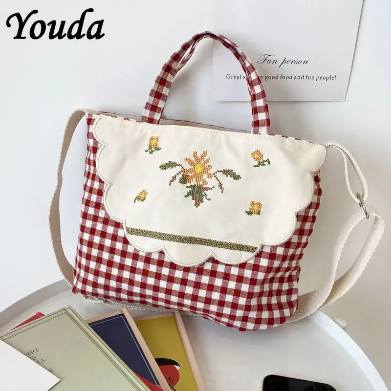 Youda Ladies Fashion Small Square Bag Canvas Cotton Handbag Girls embroidery Shoulder Diagonal Mobile Phone Package Shopper Bags