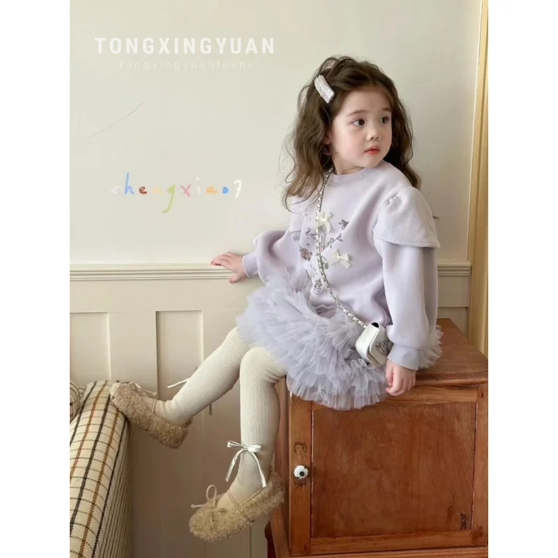 Genuine2025Autumn Winter New Korean Style Girls' Stylish Cartoon Lace Trim Mesh Fleece Sweatshirt Dress