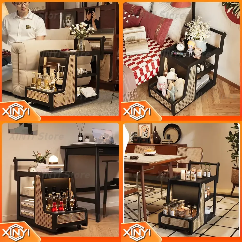 Vintage Solid Wood Sofa Side Table Mobile Rolling Storage Cart for Bedroom Multi-Functional Nightstand with Wheels Coffee