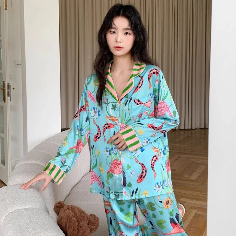 Spring Autumn New Ice Silk Soft Women\'s Pajamas Set Buttons Cardigan Womens 2 Piece Outfit Set Senior Printing Pajamas for Girls