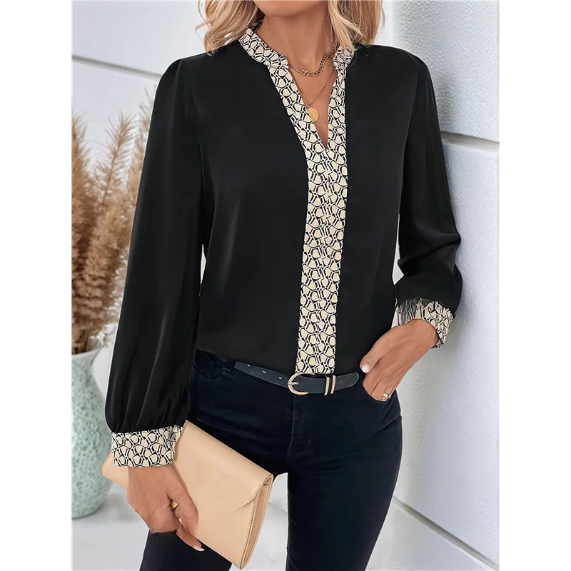 ABP-Damesblouse met lange mouwen V-hals Tops Werk Business Casual shirts