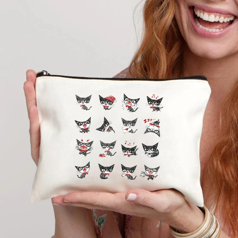 Bolsa de cosméticos de lona para mujer, organizador con estampado de gatos divertidos, con cremallera, almacenamiento de artículos diversos, bolsa de maquillaje, suministros de oficina, estuche para lápices