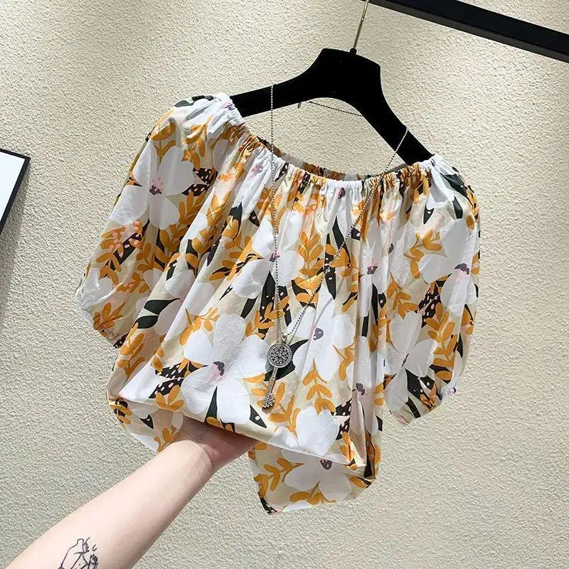 Women Summer Fashion Loose Floral Sexy Slash Neck Short Sleeve Chiffon Shirts Women Clothes Casual All-match Appear Thin Top Tee