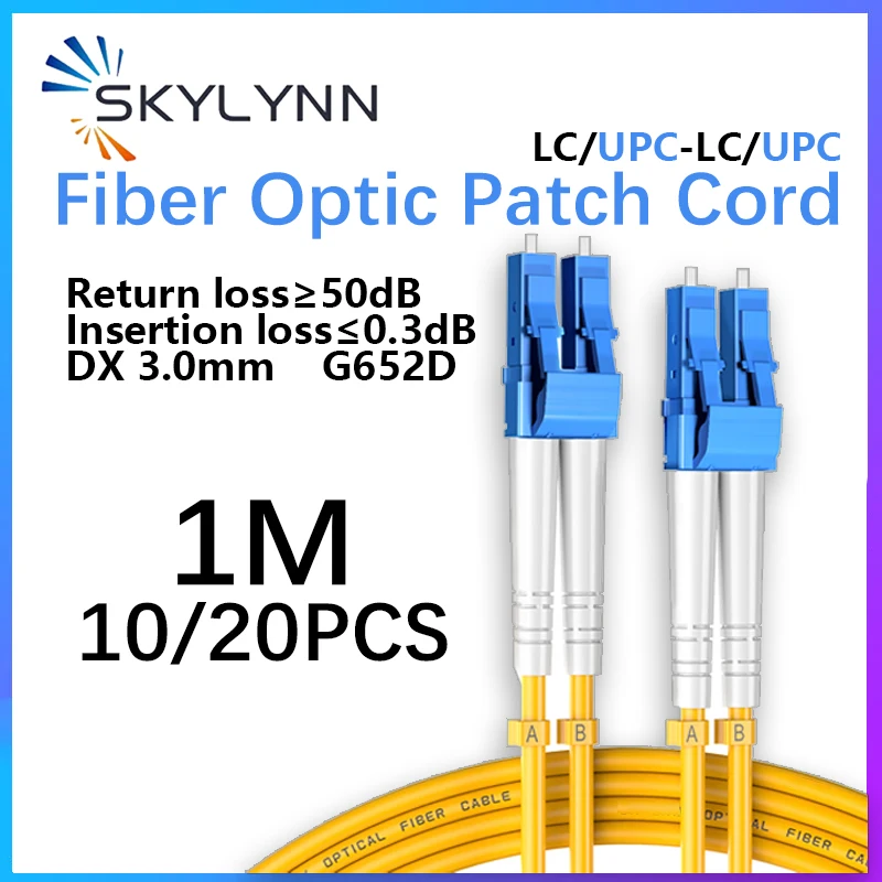 1M LC/UPC-LC/UPC Fiber Optic Jumper DX 3.0mm Single Mode G652D Optical Fiber Patch Cord Yellow LSZH Jacket  10PCS/20PCS