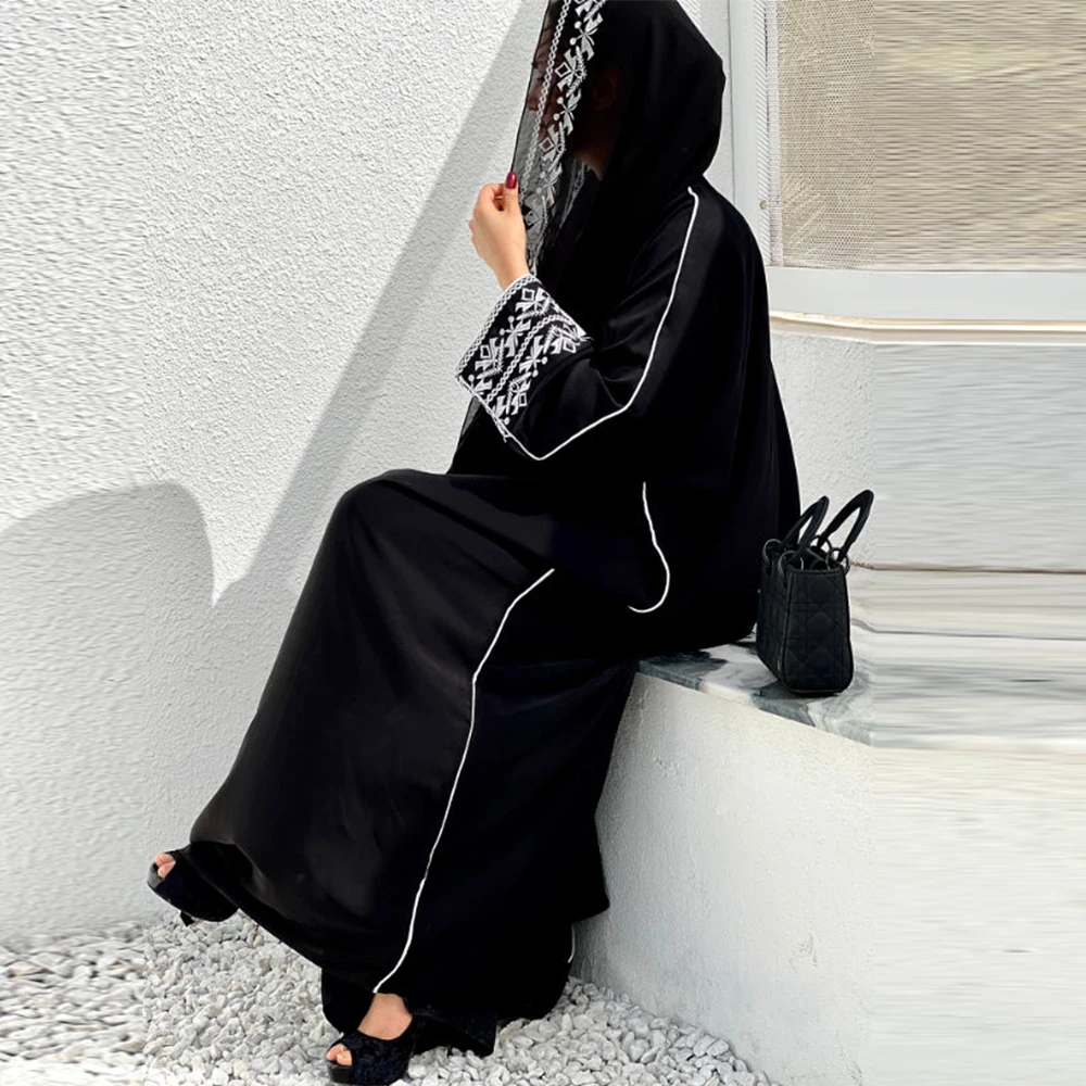 Sweet Fashion Bow Embroidery Abaya Hijab Dress Kimono Coat Outwear Women Long Sleeve Loose Arabic Muslim Dubai Moroccan Caftan