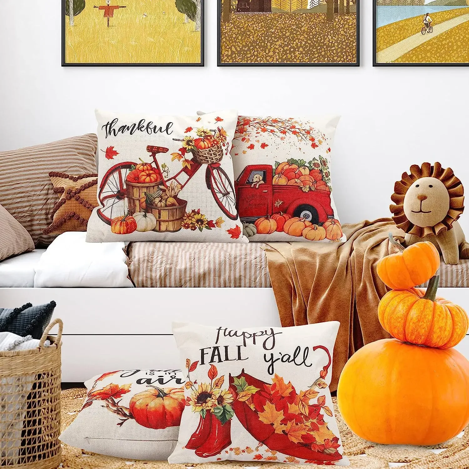 18x18 Inches Autumn Pumpkin Cushion Cover Pillow Cover Thanksgiving Decor Pillowcase Maple Leaves Printed Cushion Case for Couch