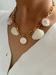 Peri'sbox Waterproof Stainless Steel 18K Gold Plated Metal Chain Natural Shell Pendant Necklace Women Beach Party Trendy Jewelry