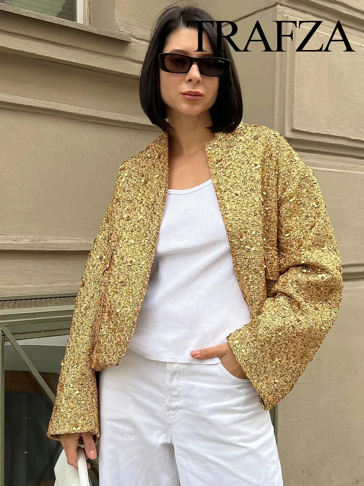 TRAFZA Women Fashion Shiny Sequin Jacket Y2k Gold Color Stand Collar Long Sleeve Short Coat Autumn Winter Ladies High Streetwear